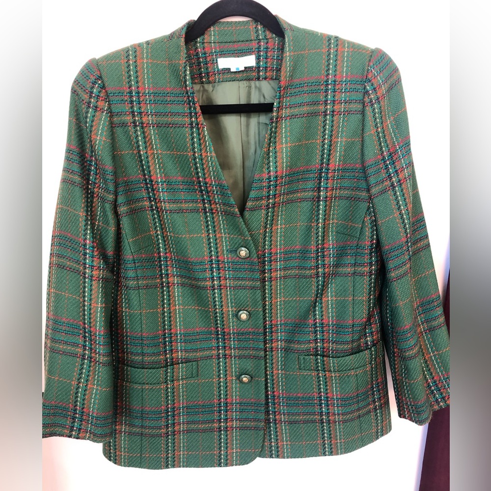Vintage Kelly Green Plaid Wool Blazer Jacket Women’s Medium Preppy Old M…